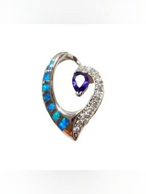 Mystic Blue Opal Amethyst CZ Open Heart Pendant 925 Sterling Silver
